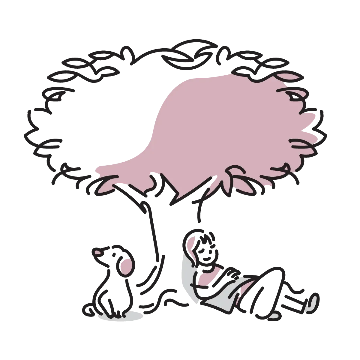 木陰でくつろぐ人と犬